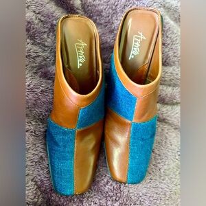 6.5 women’s Artiva Oprah patchwork leather and denim heeled mules 3” heel